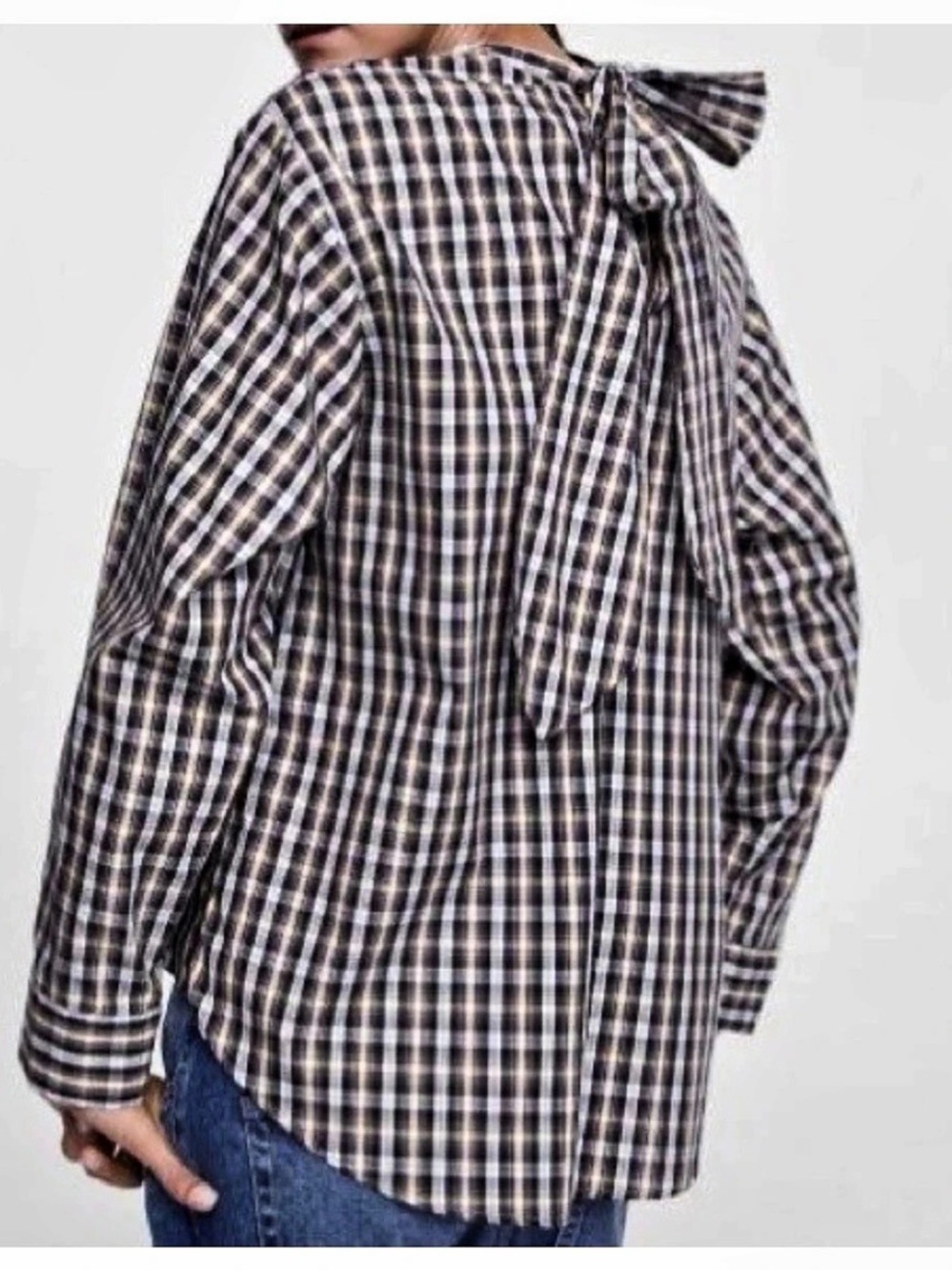 Zara Plaid Scarf-Neck Navy Check Plaid Bow Detail High Low Blouse Top Women L